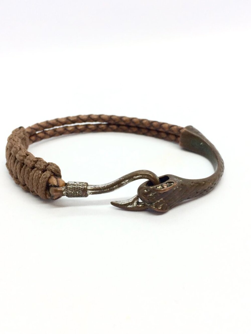 LEATHER SNAKE BRACELET Copper Tone Serpent Hook Brown Braided Unisex Biker